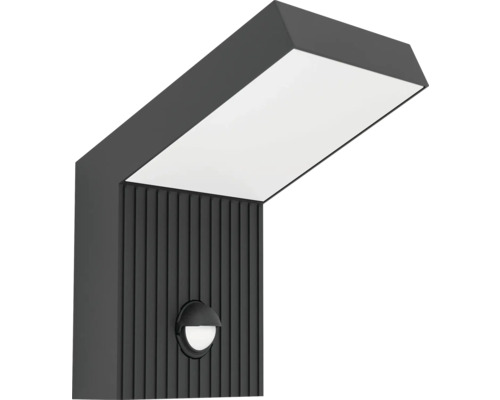 Moderne anthrazitfarbene Außenwandleuchte mit Bewegungsmelder und großer weißer Lichtfläche.