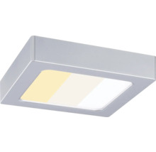 Quadratische LED-Anbauleuchte mit Metallrahmen und Diffusor, der drei verschiedene Farbtemperaturen anzeigt.