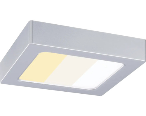Quadratische LED-Anbauleuchte mit Metallrahmen und Diffusor, der drei verschiedene Farbtemperaturen anzeigt.