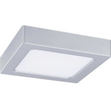 Quadratische LED-Deckenleuchte zur Aufbaumontage, silberfarbenes Gehäuse mit weißer Abdeckung.