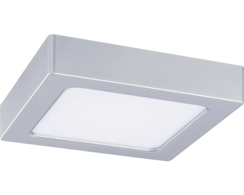 Quadratische LED-Deckenleuchte zur Aufbaumontage, silberfarbenes Gehäuse mit weißer Abdeckung.