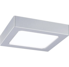 Moderne, quadratische LED-Deckenleuchte mit silberfarbenem Metallrahmen und weißem Diffusor zur Aufbaumontage.