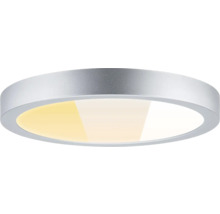 Runde silberfarbene LED-Deckenleuchte mit Metallrahmen und verschiedenen Farbtemperaturen von Warmweiß bis Kaltweiß.