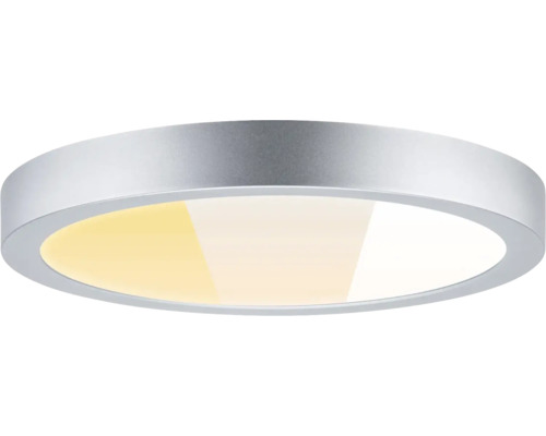 Runde silberfarbene LED-Deckenleuchte mit Metallrahmen und verschiedenen Farbtemperaturen von Warmweiß bis Kaltweiß.