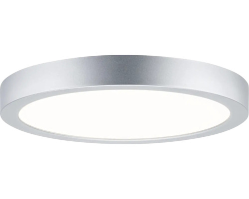 Flache runde LED-Deckenleuchte mit silberfarbenem Metallrahmen und weißer Leuchtfläche.
