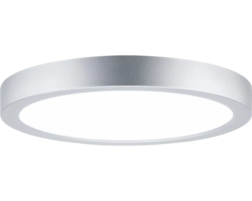 Runde, flache LED-Deckenleuchte mit silberfarbenem Rahmen.