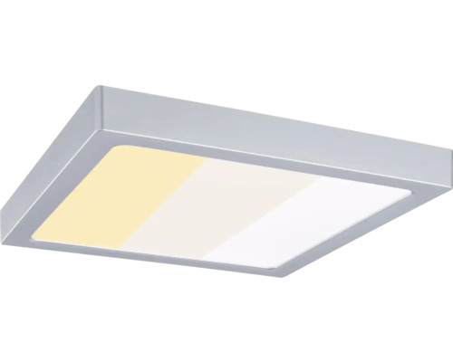 Quadratische LED-Deckenleuchte mit silbernem Rahmen und einstellbarer Lichttemperatur von warmweiß bis tageslichtweiß.
