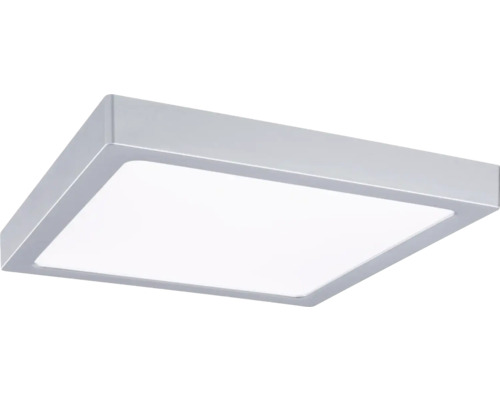 Quadratische LED-Deckenleuchte mit silbernem Rahmen und weißer Diffusorfläche.