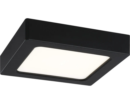 Quadratische LED-Deckenleuchte in Schwarz mit weißer Leuchtfläche.