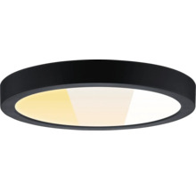 Flache, runde LED-Deckenleuchte mit schwarzem Rahmen und einstellbarer Farbtemperatur von Warmweiß bis Kaltweiß.