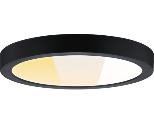 Flache, runde LED-Deckenleuchte mit schwarzem Rahmen und einstellbarer Farbtemperatur von Warmweiß bis Kaltweiß.