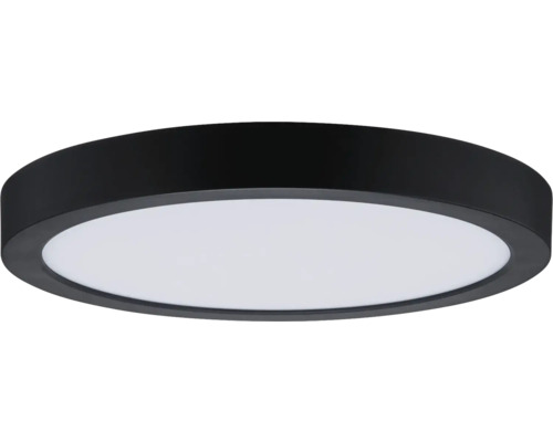 Runde LED-Deckenleuchte mit schwarzem Rahmen und weißer Lichtfläche.