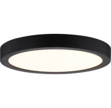 Runde, flache LED-Deckenleuchte mit schwarzem Rahmen und weißem Diffusor.
