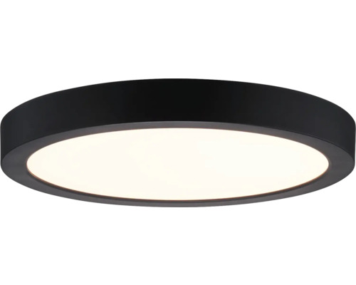 Runde, flache LED-Deckenleuchte mit schwarzem Rahmen und weißem Diffusor.