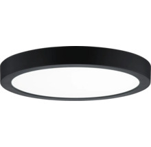 Runde, flache LED-Deckenleuchte mit schwarzem Gehäuse und weißer Leuchtfläche.