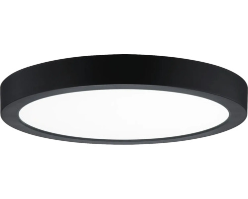 Runde, flache LED-Deckenleuchte mit schwarzem Gehäuse und weißer Leuchtfläche.
