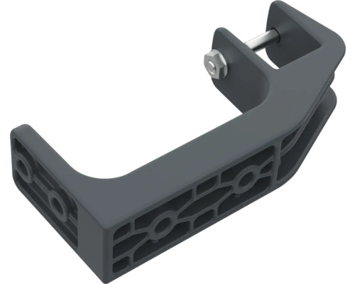 Dunkelgraue Klemmhalterung aus Kunststoff mit Schraube und Mutter zur Befestigung von Paneelen.