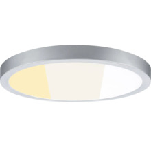 Runde LED Deckenleuchte mit silberfarbenem Rahmen und einstellbarer Farbtemperatur.
