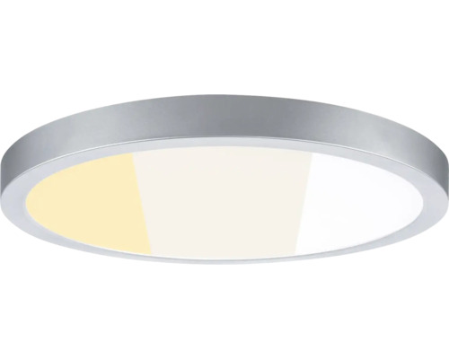 Runde LED Deckenleuchte mit silberfarbenem Rahmen und einstellbarer Farbtemperatur.