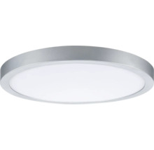 Runde, flache LED-Deckenleuchte mit silberfarbenem Metallrahmen und weißem Diffusor.