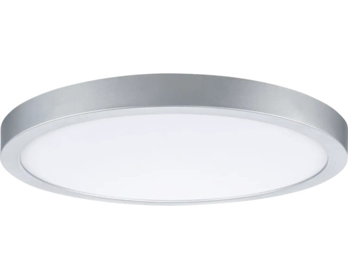Runde, flache LED-Deckenleuchte mit silberfarbenem Metallrahmen und weißem Diffusor.
