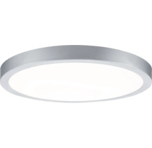 Runde, flache LED-Deckenleuchte mit silberfarbenem Rahmen und weißem Diffusor.