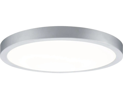 Runde, flache LED-Deckenleuchte mit silberfarbenem Rahmen und weißem Diffusor.