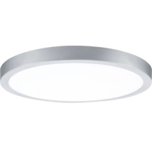 Runde flache LED Deckenleuchte mit silberfarbenem Rahmen.