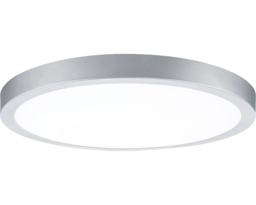 Runde flache LED Deckenleuchte mit silberfarbenem Rahmen.