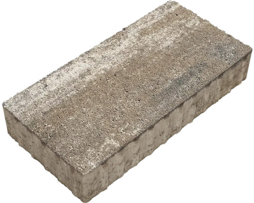 Grauer rechteckiger Pflasterstein aus Beton mit strukturierter Oberfläche.