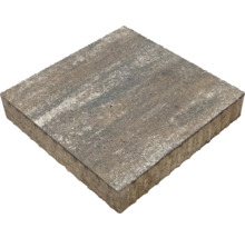 Quadratische Gehwegplatte aus Beton in Grau und Braun mit strukturierter Oberfläche für Garten und Terrasse.