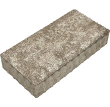 Rechteckiger Betonpflasterstein mit rauer Oberfläche und gewellten Seiten.