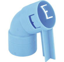 Kunststoff-Winkelverbinder in Blau mit Außengewinde und Halterung.