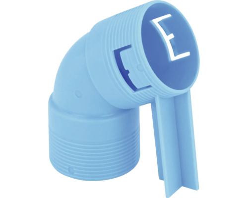 Kunststoff-Winkelverbinder in Blau mit Außengewinde und Halterung.