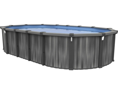 Ovaler Aufstellpool mit anthrazitfarbenen Wänden in Holzoptik und blauer Innenfolie.