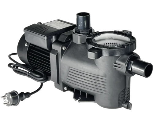 Schwarze Poolpumpe aus Kunststoff mit integriertem Vorfilter und Stromkabel.