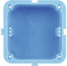 Blaue quadratische Unterputzdose aus Kunststoff für die Elektroinstallation.