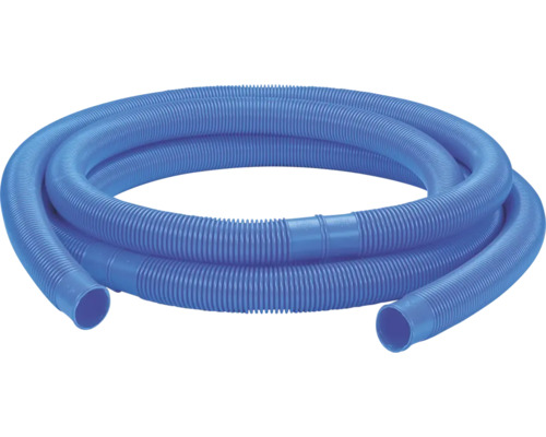Blauer Schwimmbadschlauch aus Kunststoff, geriffelt und aufgewickelt.