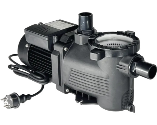 Elektrische Poolpumpe für die Schwimmbecken-Filterung mit schwarzem Kunststoffgehäuse, integriertem Vorfilter und Netzkabel.