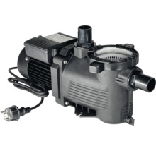 Poolpumpe mit integriertem Vorfilter, Klarsichtdeckel und Stromkabel mit Stecker.