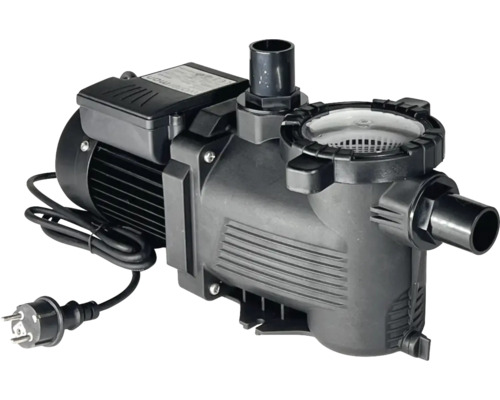 Poolpumpe mit integriertem Vorfilter, Klarsichtdeckel und Stromkabel mit Stecker.