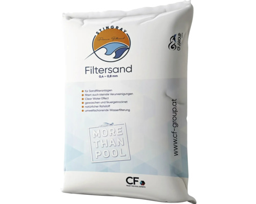 Stingray Filtersand für Sandfilteranlagen mit einer Körnung von 0,4 bis 0,8 mm, gewaschen und feuergetrocknet, CF.Group Logo.