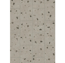 Bodenfliesen in Terrazzo-Optik mit grauen Steineinschlüssen in verschiedenen Größen.