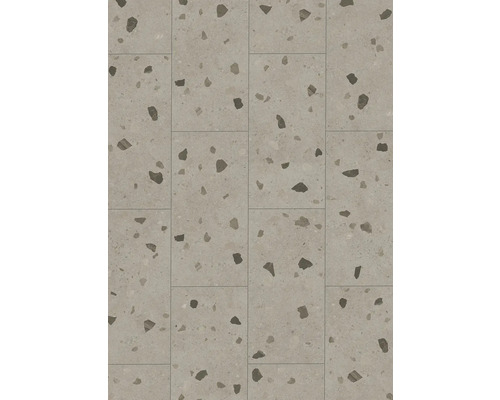 Bodenfliesen in Terrazzo-Optik mit grauen Steineinschlüssen in verschiedenen Größen.