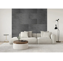 Modernes Wohnzimmer mit einer Akzentwand aus großformatigen, dunkelgrauen Wandverblendern in Natursteinoptik hinter einem hellen Sofa.