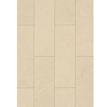 Rechteckige Fliesen in Beige mit Steinoptik-Struktur im Versatz.