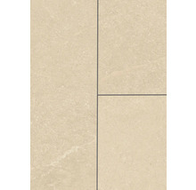 Beige Bodenfliesen oder Wandfliesen in Steinoptik mit feiner Struktur und dunklen Fugen.