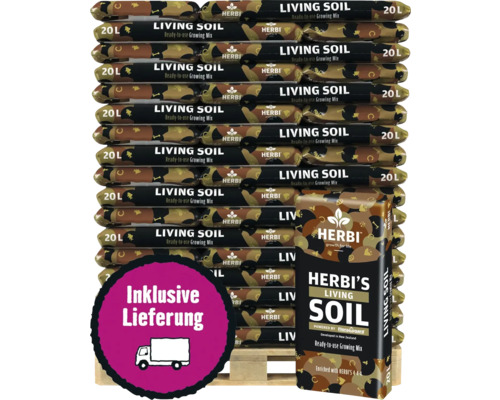 Palette mit Herbis Living Soil Säcken, jeweils 20 Liter. Gebrauchsfertige Erdmischung von Floragard. Inklusive Lieferung.