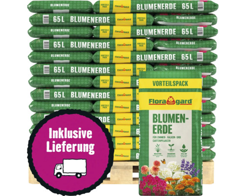 Floragard Blumenerde im Vorteilspack auf einer Palette, Säcke zu 65 Liter, inklusive Lieferung.