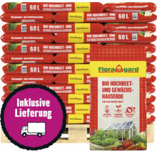 Palette Floragard Bio Hochbeet- und Gewächshauserde, 60 Liter Säcke, inklusive Lieferung.